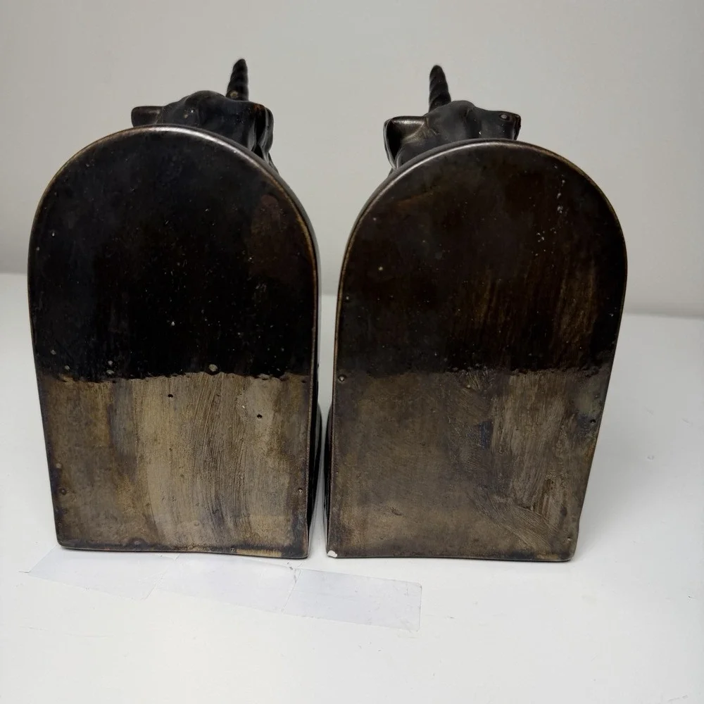 Set Of 2 VTG Ceramic Unicorn Bookends 80s Fantasy Bronze‎ Glaze Horn 7
